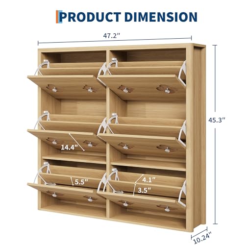 GarveeHome Shoe Storage Cabinet with 6 Flip Drawers, Narrow Wood Shoe Organizer Cabinet with Floral Pattern, Freestanding Slim Shoe Rack Cabinet with Adjustable Shelves, for Entryway, Hallway, Natural - color: Natural Wood Color, size: 6-Drawers