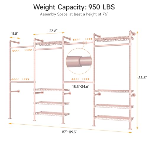 ONBRILL H4 Wall Mounted Closet System, Expandable Industrial Pipe Clothes Rack Clothing Rack for Hanging Clothes, Heavy Duty Closet Organizers and Storage in Wardrobe Closet - color: Pink