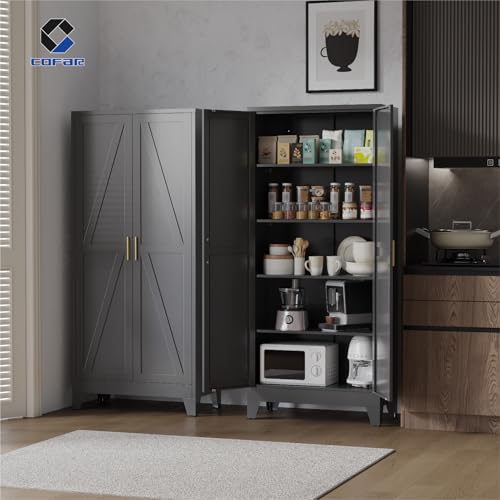 COFaR 71'' Tall Metal Storage Cabinet, Farmhouse Kitchen Pantry Cabinet with Doors and 4 Adjustable Shelves, Black Metal Cabinets for Garage, Kitchen, Bathroom, Laundry, 5-Tier - color: Black, size: 71 Tall 2 Doors-Tree Door
