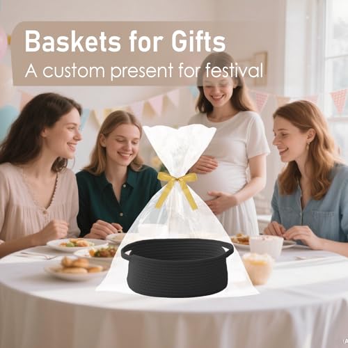 JMvicyroam Woven Basket,Small Rope Storage Bin with Handles & Ribbon Bag, Organizer for Shelves Closets,Gift Basket Empty for Birthday,Books,Dog Toys, Black/3 Pack - color: Black, size: 3 Pack