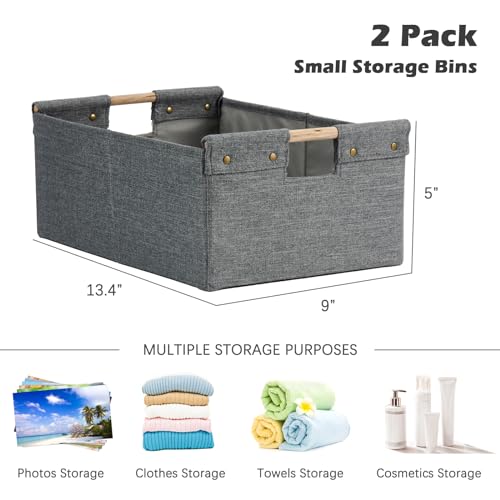 2PCS Storage Bins Cotton Linen Fabric Storage Boxes Basket with Wooden Handles Foldable Washable Decorative Shelf Container Clothes Organizer Home Laundry - Small Size, Gray - color: Gray, size: Small (Pack of 2)