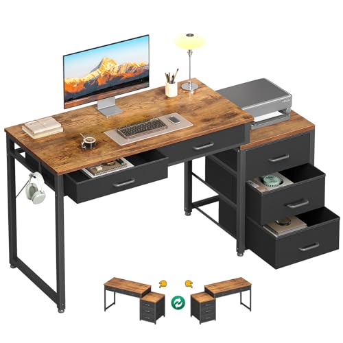 ODK Computer Desk with 5 Drawers, 53 Inch Office Desk with Printer Shelf, Reversible Work Desk for Home Office, Writing Table Desk with Headphone Hook for Storage, Rustic Brown - color: Rustic Brown