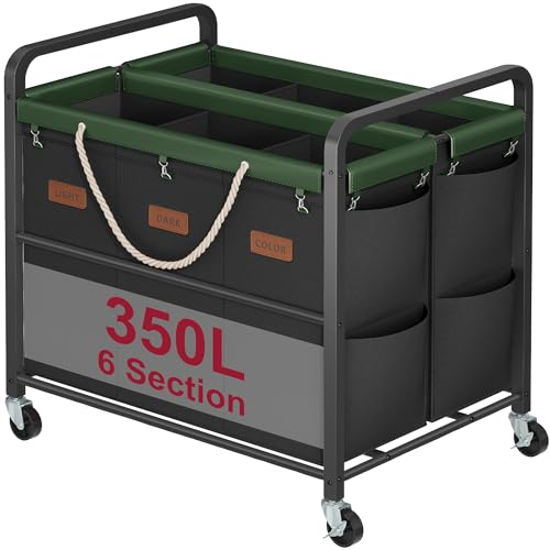 Tajsoon 350L Extra Large Laundry Sorter 6 Section, Heavy Duty Laundry Basket with Lockable Wheels, Laundry Cart with Sturdy Metal Frame, Leather Patchwork Laundry Separated with Removable Bags, Black - color: Black, size: 6 Bag 350L