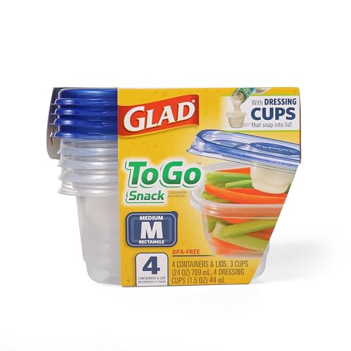 Glad GladWare To Go Snack Food Storage Containers with Lids, Medium Rectangle BPA Free Plastic with Built-In Dressing Cup for Salads and Snacks, Microwave Dishwasher Safe, 24 Oz, 4 Count - size: 24 oz - 4 Count, style: Rectangle