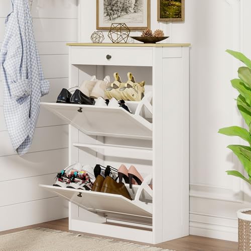 FTZxHKLX Shoe Cabinet with 2 Flip Drawers, Slim Wooden Hidden Shoe Organizer with Drawer, Pet-Proof Narrow Shoe Storage Cabinet for Entryway Living Room Behind The Door - color: White+wood Grain, size: 1pcs