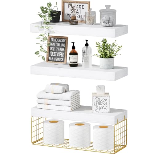 QEEIG Bathroom Shelves Over Toilet - Wall Mounted Floating Shelves Toilet Paper Storage Small Modern Decor Shelf 16 inch Set of 3, White and Gold (019-WG3) - color: G. White & Gold, size: 3pcs