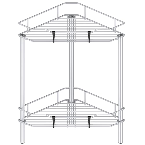 HuggieGems 2 Tier Floor Standing Corner Shower Caddy Organizer Shelf with Hooks, Bathroom Shelves Stand Rack, Silver - color: Silver, size: 2 Tier