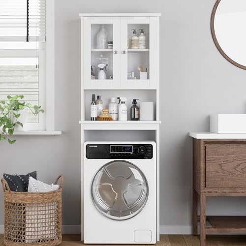 Shintenchi Over the Toilet Storage Cabinet, Bathroom Shelf Organizer with Anti-Tip Device Small Freestanding Space Saver with Adjustable Shelf and Glass Door, White - color: White, size: Glass Door
