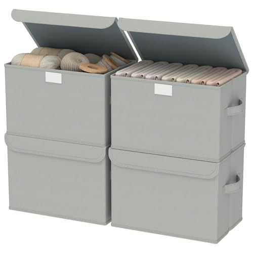 Fabric Storage Bin with Lid, Closet Boxes with Cover, Collapsible Stackable Organizer Basket with 2 Handles, for Home and Bedroom, 4 Pack, Grey, 10.2 x 7.9 x 6.7 In, XSNY12GS-4 - color: Grey, size: Small（4 Pack）