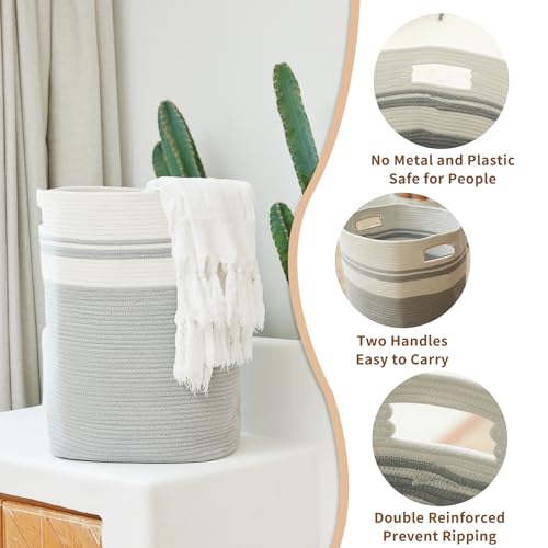 Casaphoria Woven Rope Laundry Hamper, Bin for Living Room, Storage Basket, Blanket Container, Dirty Clothes Hamper 16x13x22in - Light Gray - color: Light Gray