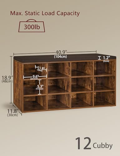 DINZI LVJ Shoe Storage Bench with Cushion, Cubby Shoe Rack with 12 Cubbies, Adjustable Shelves, Multifunctional Shoe Organizer Bench for Entryway, Mudroom, Hallway, Closet and Garage, Rustic Brown - color: Rustic Brown, size: 12 Cubby