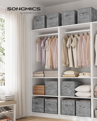 SONGMICS Storage Cubes, 13 x 13 x 13 Inches Non-Woven Fabric Bins with Double Handles, Set of 10, Closet Organizers for Shelves, Foldable, for Clothes, Cattail Gray UROB133G01 - color: Cattail Gray, size: 10 Pack (13"L x 13"W x 13"H）