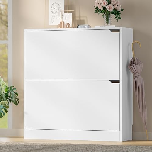 BORNOON Shoe Cabinet with 2 Flip Drawers, Slim Narrow Shoe Storage Cabinet, Freestanding Shoe Organizer with Adjustable & Removable Shelves, Top Display Shelf for Entryway, Hallway, Foyer, Closet - color: White, size: 2-Drawer