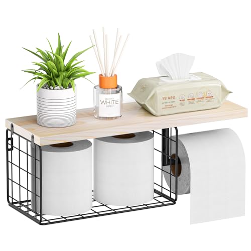 VITVITI Toilet Paper Holder with Shelf, Wall Mounted Toilet Paper Storage Basket, Wood Metal Toilet Roll and Wipes Holder for Bathroom Farmhouse (Natural) - color: Natural
