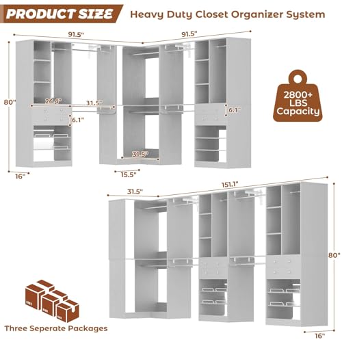 Closet System (Set of 3) with 4 Drawers, 8 Hanging Robs, 91.5"/151" Closet Organizer System with Corner Tower, Reversible Walk-in Closet System Corner Closet System, Morandi Grey - color: Morandi Grey, size: 90.5" * 90.5"