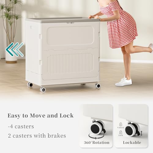 HAIXIN HOME Rolling Laundry Hamper with Lid, 130L Large Capacity Clothes Hampers for Laundry, Plastic Collapsible Laundry Baskets with Wheels and Lid, Install-Free & Easy to Transport to Laundry Room - color: Milky, size: 130L - 1 Pack