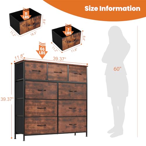 Sweetcrispy Dresser for Bedroom with 9 Storage Drawers, Large Fabric Storage Tower Organizer, Chest of Drawers with Metal Frame Wooden Top for Closet, Living Room, Entryway, Brown - color: Brown, size: 39.4"D x 11.8"W x 40"H (9 Drawers)