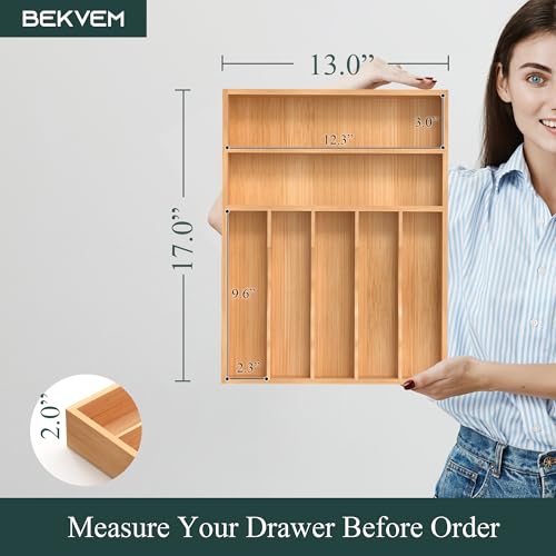 Silverware Organizer, Bamboo Kitchen Drawer Organizer, Utensil Holder, Cutlery Tray & Spoon Flatware Storage with Grooved Drawer Dividers (13''W x 17''D) - color: Natural, size: 13''W x 17''D