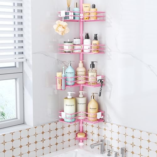 HapiRm Corner Shower Caddy Organizer - Shower Organizer Corner with Soap Holder, Toothbrush Holder and 4 Hooks, Rustproof Bathroom Shelf Tension Pole Available for 27.6 to 108.3 Inch - Pink - color: Pink
