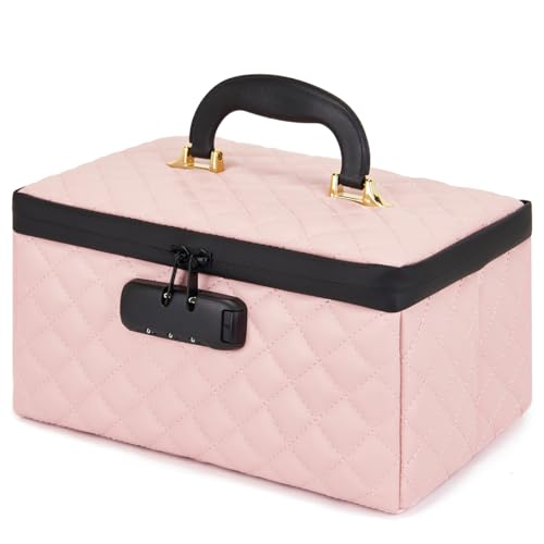 KaAutoler Portable makeup box with Lock, Large Capacity Travel Makeup Case Organizer, Makeup Bags for Girls Traveling With Handle and Divider Makeup Bag (Pink) - color: Pink
