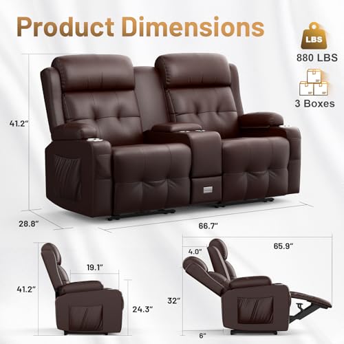 Recliner Sofa Set, Wall Hugger Couch with 3 Seater Recliner & 2 Single Chairs, Home Theater Recliners Sofa Set with USB, Cup Holders & Storage Console, Movie Theater Seats Couches for Living Room - color: Brown, size: 3-Seater + 2 Chairs