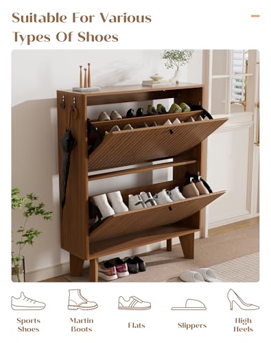 31.5" Shoe Cabinet Storage for Entryway with 2 Flip Drawers, Wood Fluted Narrow Shoe Cabinet for Hallway, Walnut - color: Fluted