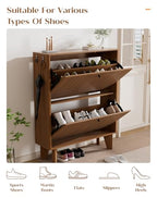 31.5" Shoe Cabinet Storage for Entryway with 2 Flip Drawers, Wood Fluted Narrow Shoe Cabinet for Hallway, Walnut - color: Fluted