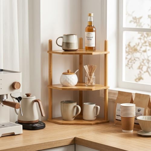3-Tier Expandable Bamboo Corner Shelf - Dish/Plate Organizer for Cabinet, Kitchen Counter Shelf & Small Kitchen Shelf, Adjustable (Natural, 1-Pc 6.70" H) - color: 6.7"H-Natural-3