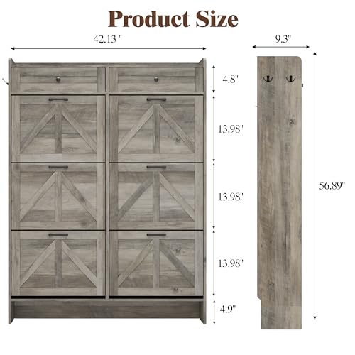 Thacuok Shoe Cabinet with 6 Flip Drawers & 2 Storage Drawers, Rustic Farmhouse Narrow Shoe Organizer Cabinet, Slim Shoe Rack Cabinet, Shoe Storage Cabinet for Entryway, Hallway, Front Door - color: Grey, size: 6 Drawers