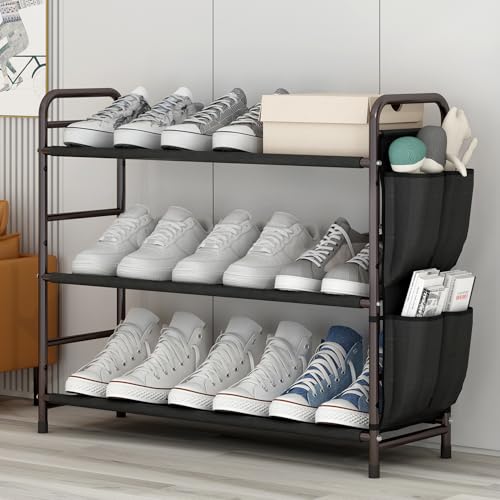 3 Tier Shoe Rack with Side Pockets, Shoe Organizer Space Saver Storage for 7-9 Pairs Shoes Storage Shelf Sturdy Free Standing Metal Long Shoe Holder Organizer for Closet, Entryway Bronze - color: Bronze, size: 3 Tier