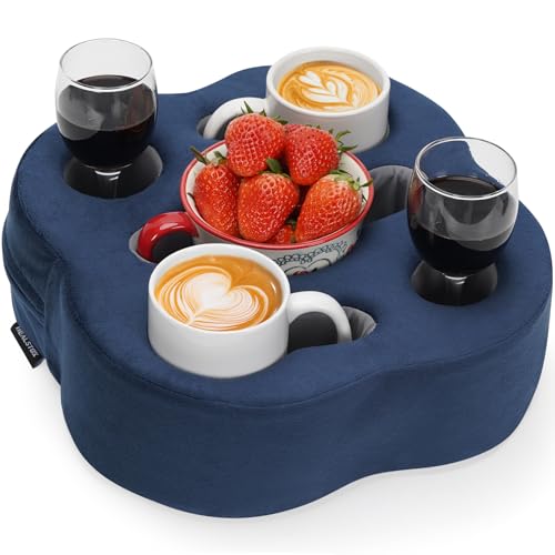 Couch Cup Holder Pillow, Sofa Organizer Caddy Bed Refreshment Tray for Drinks, Remotes, Phones, Snacks (Navy) - color: Navy, size: 12*12*3.7 Inch