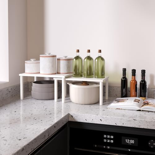 VERTORGAN Cabinet Organizer Shelf(Set of 2),Kitchen Counter Shelves,Bamboo Spice Rack Countertop and Cabinet,Stackable Expandable,Medium,(White) - color: White, size: 11.8"W