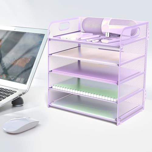 Letter Tray Paper Organizer 5-Tier Desk Organizer File Organizer Paper Holder with Handle, Metal Desktop Document Shelf Tray Office Classroom Organization - Purple - color: Purple
