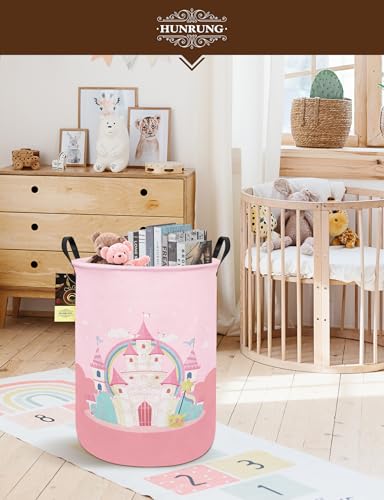 Laundry Hamper,Large Canvas Fabric Lightweight Storage Basket Toy Organizer Dirty Clothes Collapsible Waterproof for College Dorms(Pink Castle) - color: Pink Castle