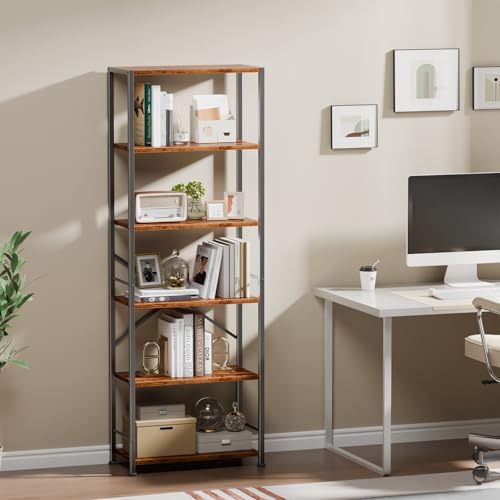 Furologee 6 Tier Book Shelf, Tall Wide Bookshelf, Industrial Open Bookcase, Display Shelves Storage Organizer, Shelving Unit for Living Room, Home Office, Bedroom, Rustic Brown - color: Rustic Brown, size: 6 Tier - 20"W