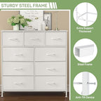 Dresser for Bedroom, 9 Storage Drawers, Anti-Tip Tall Fabric Closet Chests Organizer Tower Furniture with Wooden Top Metal Frame for Clothes, Living Room, Hallway, Entryway