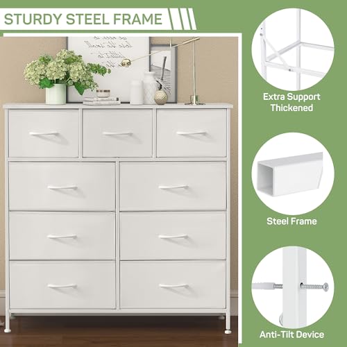 Dresser for Bedroom, 9 Storage Drawers, Anti-Tip Tall Fabric Closet Chests Organizer Tower Furniture with Wooden Top Metal Frame for Clothes, Living Room, Hallway, Entryway