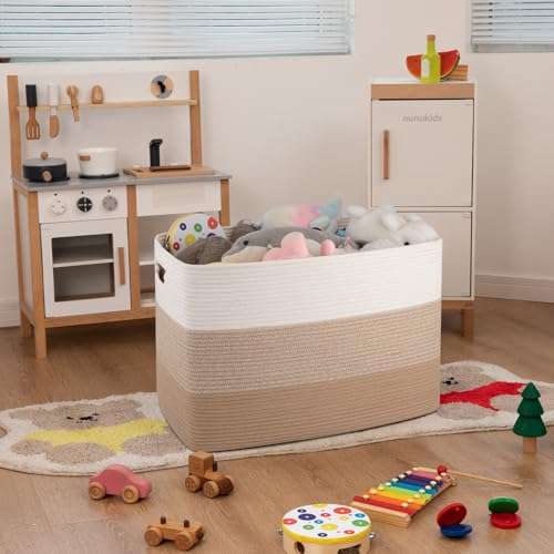 OIAHOMY 108L Super Large Blanket Basket, 25”x16”x16” Rectangle Woven Baskets for Storage, Cotton Rope Basket For Living Room, Toy Storage with Handle- Gradient Light Brown - color: Gradient Light Brown