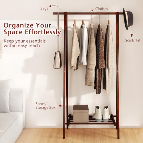 Tangkula Folding Rubber Wood Clothes Hanging Rack, Standing Garment Rack with Bottom Storage Shelf, Portable Clothing Organizer for Bedroom and Entryway (Walnut)