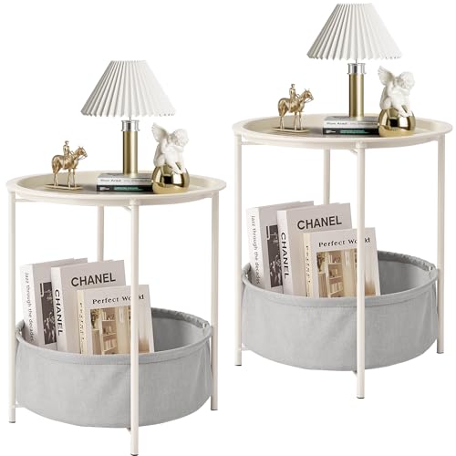 VECELO Round Side/End Table with Fabric Storage Basket，Metal Anti-Rust and Waterproof Small Bedside Nightstand with Removable Tray Top for Living Room，Balcony & Laundry，Beige/2pcs with Basket - color: Beige, size: 2 PCS with Basket