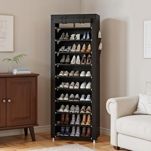UDEAR 10-Tier Free Standing Shoe Rack Sturdy Shoe Rack Organizer for Closet Entryway Stackable Shoe Shelf with Dustproof Cover,Black - color: Black