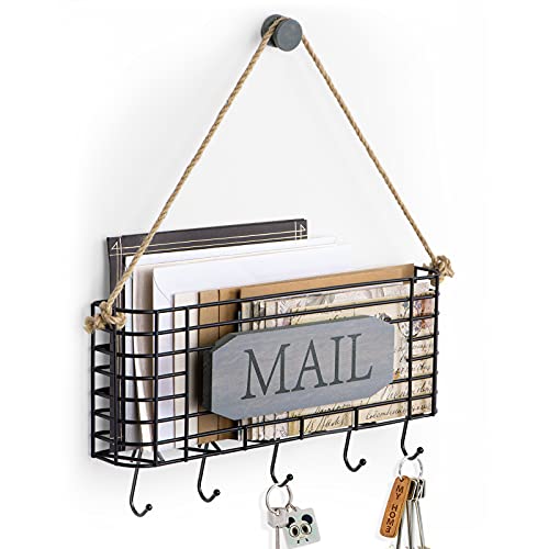 SRIWATANA Mail Key Holder for Wall, Rustic Mail Organizer Wall Mount with 5 Key Hooks, Large, Weathered Grey - color: Weathered Grey, size: Large