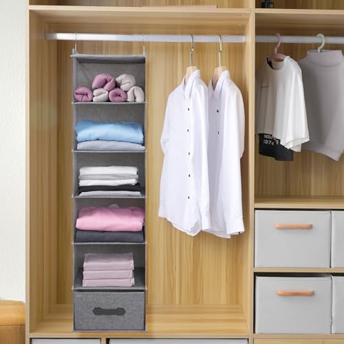 Large Hanging Sweater Organizer for Closet,Collapsible 6-Shelf Hanging Closet Shelves with Drawers, Washable (Grey-6 Shelf-1 d) - color: Dark Gray, size: 6 Shelf with 1 drawers