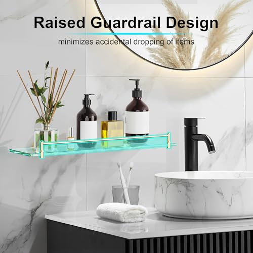 20 Inches Glass Shelves for Bathroom, Brushed Gold Floating Glass Shelf Stainless Steel Tempered Glass Bathroom Shelves for Wall Mount Modern - color: Brushed Gold, size: 20"with railing