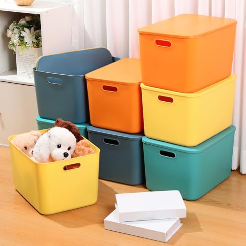 Hoolerry 8 Pieces Colorful Storage Bins with Lid, Plastic Storage Basket Organizing Container Stackable Box with Handle for Shelves Desktop Playroom Office(16.1 x 12.0 x 9.7 Inch,Multi-colored) - color: Multi-colored, size: 16.1 x 12.0 x 9.7 Inch