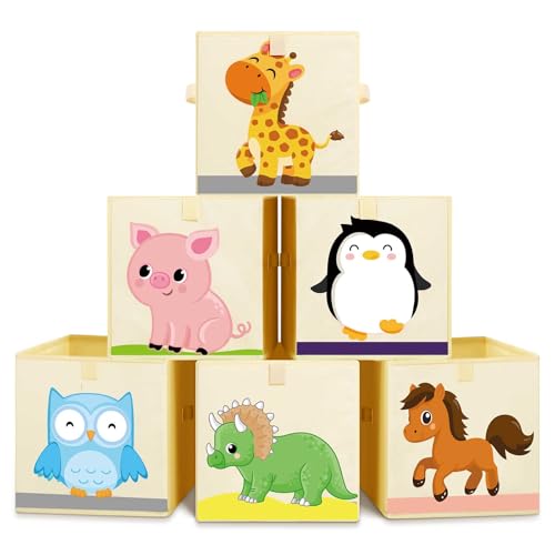 Kigley 6 Pcs Collapsible Cube Storage Bins Kids Foldable Storage Cube Organizer Fabric Toy Box Decorative Kids with Handles for Home Nursery Bedroom, 10.6 x 10.6 Inch(Cute Animal) - style: Cute Animal