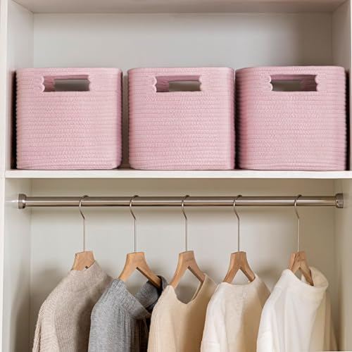 UBBCARE 4 Pack Storage Baskets for Organizing, Shelf Baskets with Handles, Woven Storage Baskets for Bookcase/Cube Shelf/Closet, 14.5"L x 9.8"W x 9"H, Pink - color: Pink, size: 4 Pack-14.5"(L)×9.8"(W)x9"(H)