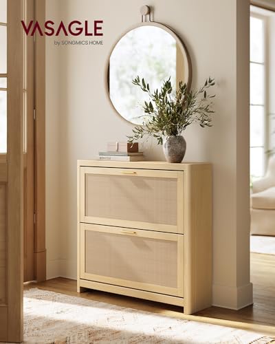 VASAGLE ELLAN Collection - Boho Shoe Storage Cabinet for Entryway Slim, Entry Shoe Cabinet with Rattan-Look Flip Drawers, Rounded Corners, Narrow for Entrance, Oak Beige UHSC601YC01 - color: Oak Beige, size: 9.4"D x 33.9"W x 32.9"H-3 Flip Drawers