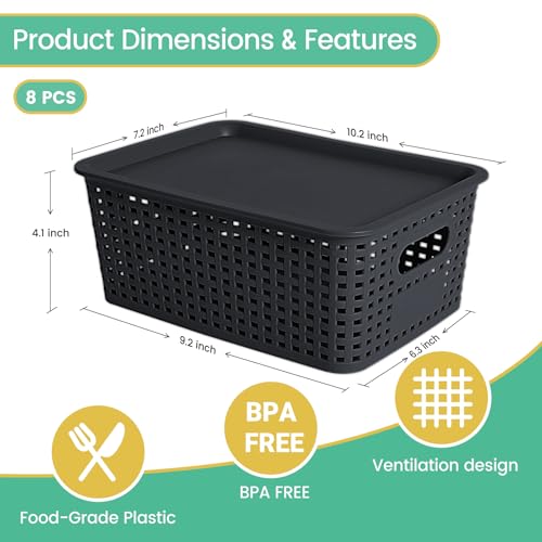 Plastic Storage Baskets with Lid-Plastic Storage Containers Stackable Storage bins: Storage Baskets for Organizing Shelves Drawers Desktop Closet Playroom Classroom Office, 8Pack-Black10.2x7.2x4.1Inch - color: Black