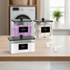 COAZEX 2+1 Pack Clear Laundry Pods Container & Dryer Sheet Holder, Plastic Square Laundry Room Organization and Storage Jars with Black Lids, Scoops & Labels for Detergent, Powder, Dryer Balls - color: 2+1 Pack